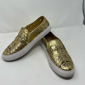Tory Burch Roselle Cut out slip on loafer, gold, size 8.5.